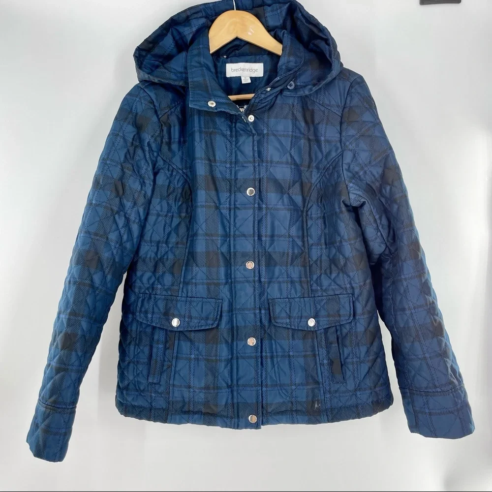 Breckenridge Womens Medium, Puffer Jacket Winter Coat Blue Plaid Hood